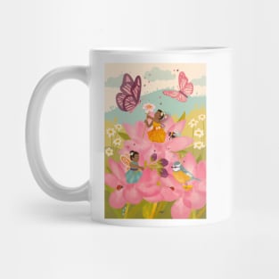 Beautiful Black Flower Fairies playing with their woodland friends Mug